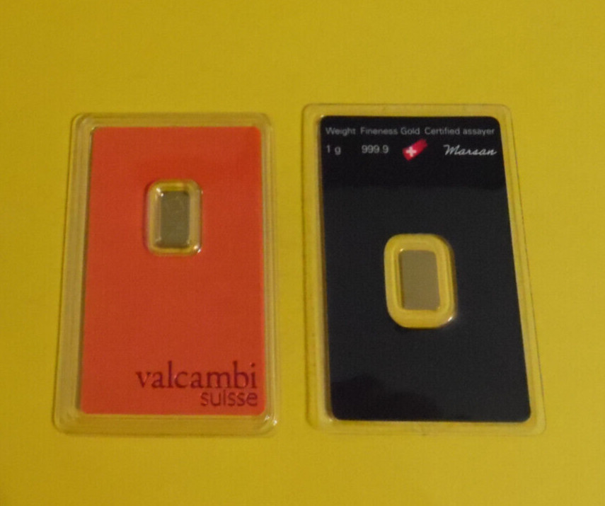 2 Gold Bars 1 Gram Each 999.9 Fine Valcambi and Argor Heraeus Sealed Assay Shown