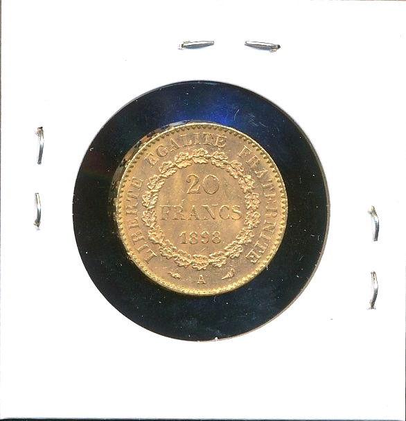 1898 A France .1867 Oz Gold 20 Franc French Lucky Angel AU+ Almost Uncirculated