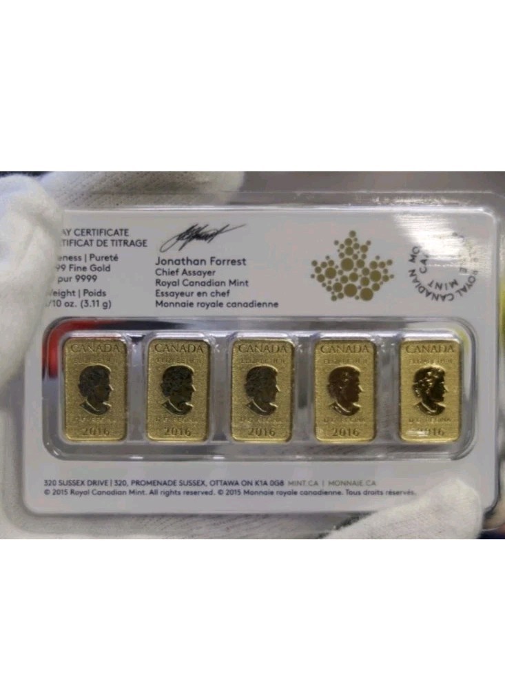 2016 Canada 1/10 oz Gold $25 5-Bar Set (In Assay) .50 AGW 9999 Fine Gold! Rare!