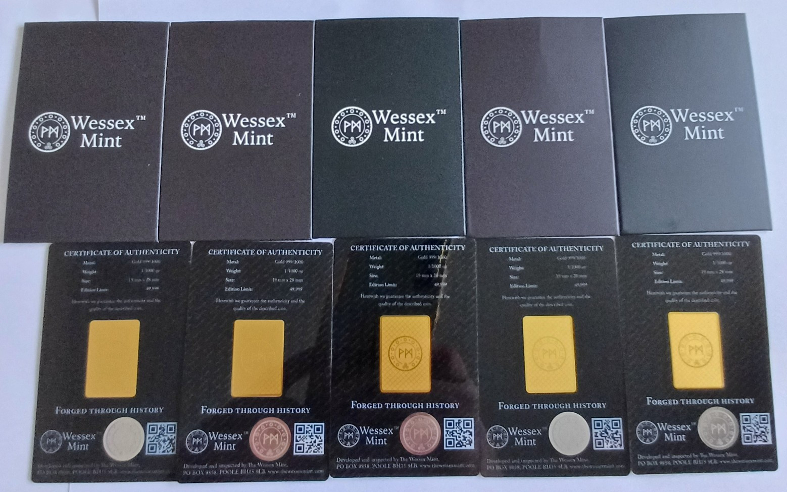 New 1/1000th oz x 5 Gold Bars Bundle 999.9 24ct by Wessex Mint