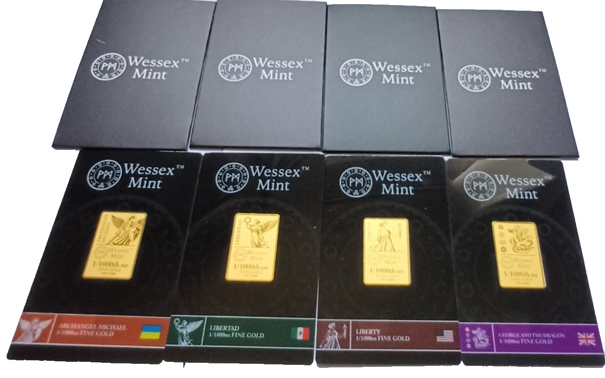 Wessex Mint 1/1000 oz Liberty, Archangel, Libertad & G a t Dragon 999 Gold Bars