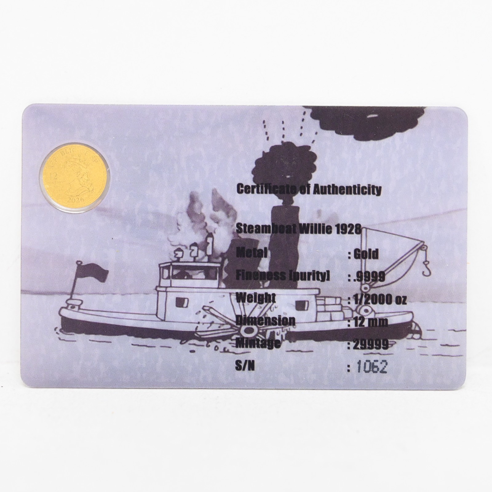 2026 Steamboat Willie 1928 Mickey Mouse 1/2000-oz .9999 Gold in Card Cert #1062