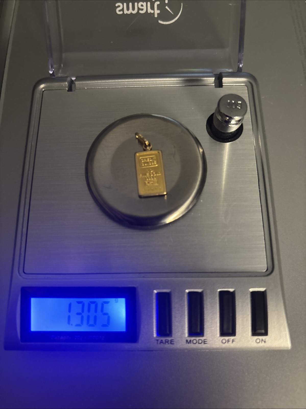 Credit Suisse 1 Gram 24K Gold 999.9 Gold Bar Pendant W 18K Bezel 1.3 Grams